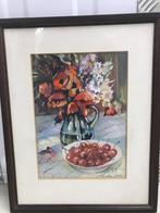 aquarel stillevenmet bloemen en kersen k. de jong, Antiek en Kunst, Ophalen of Verzenden
