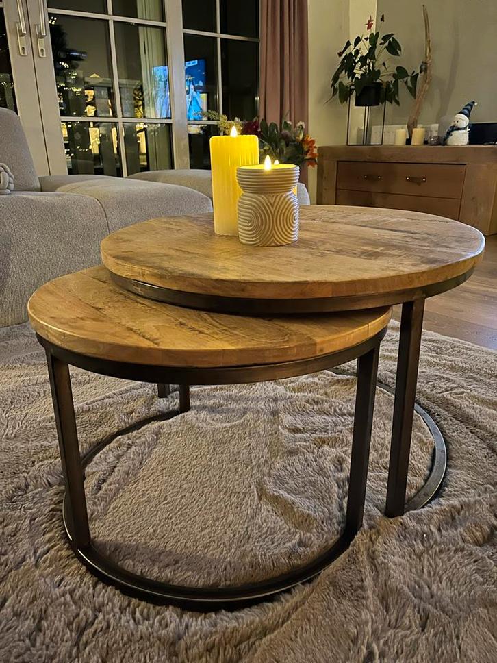 Houten Salontafel Set - Rond, Huis en Inrichting, Tafels | Salontafels, Zo goed als nieuw, Minder dan 50 cm, 50 tot 100 cm, Rond