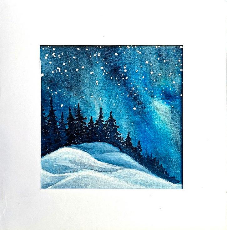 kerstkaart noorderlicht - originele handgeschilderde aquarel, Hobby en Vrije tijd, Kaarten | Zelfgemaakt, Nieuw, Kerst, Ophalen of Verzenden