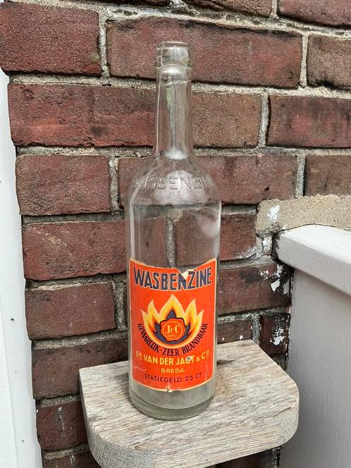 Hele oude glazen fles v wasbenzine Firma van der Jagt, Breda, Antiek en Kunst, Curiosa en Brocante, Ophalen of Verzenden