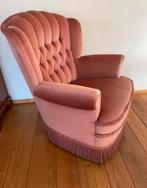 Vintage bank fauteuil roze franjes velvet barok deens design, Ophalen, Zo goed als nieuw, 75 tot 100 cm