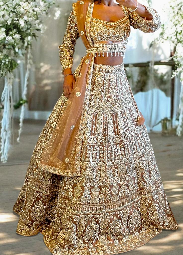 Deluxe designer Lehenga goud nude Lehnga Sari Indiase, Ophalen of Verzenden, Zo goed als nieuw, Overige typen