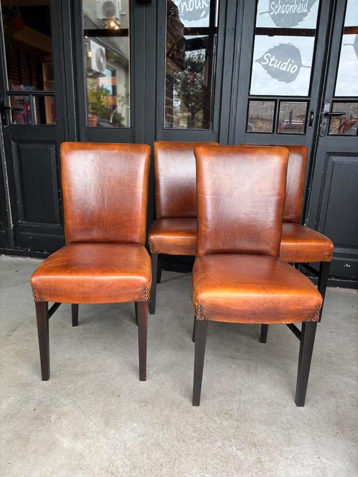 4 Schapenleren Eetkamerstoelenh Merk Joris, Huis en Inrichting, Stoelen, Gebruikt, Vier, Leer, Bruin, Ophalen of Verzenden