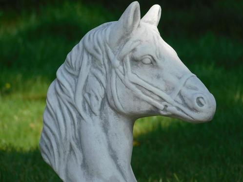 Set van 2 Paardenhoofden - Steen - Wit met Grijs, Tuin en Terras, Tuinbeelden, Dierenbeeld, Steen, Ophalen of Verzenden