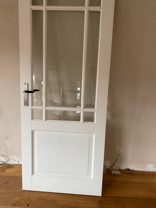 Binnendeur met geslepen glas en retro klink, Doe-het-zelf en Verbouw, Deuren en Horren, Gebruikt, Binnendeur, 200 tot 215 cm, 80 tot 100 cm