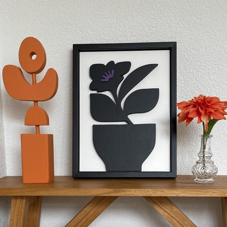 Schilderij van hout "plant in pot" in bloklijst - handmade., Huis en Inrichting, Woonaccessoires | Schilderijen, Tekeningen en Foto's