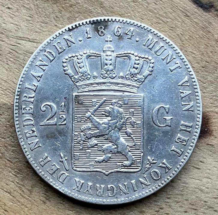 nette 2,5 gulden 1864 Willem III, Postzegels en Munten, Munten | Nederland, Losse munt, 2½ gulden, Koning Willem III, Zilver, Ophalen