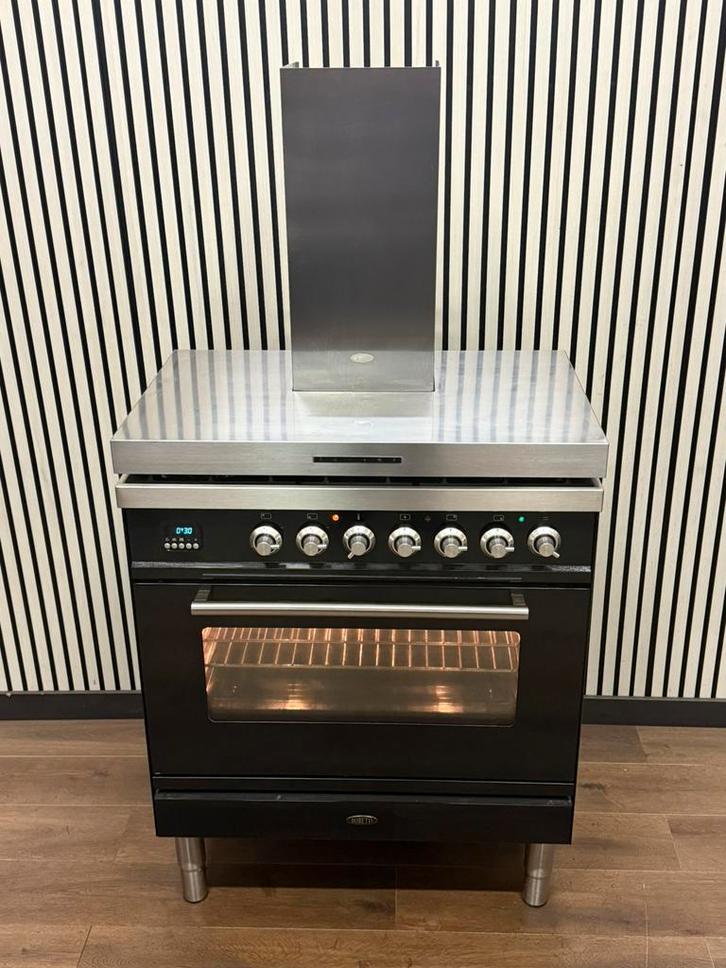 Luxe Boretti Fornuis zwart hoogglans Incl. Afzuigkap 80x60cm, Witgoed en Apparatuur, Fornuizen, Zo goed als nieuw, Vrijstaand