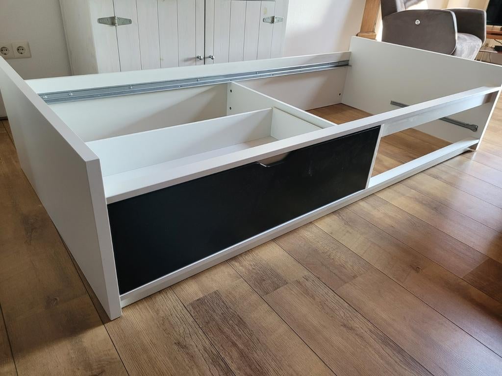 IKEA Flaxa bed 90x200 met lades - Wit/Zwart, Ophalen, Gebruikt, 90 cm, Eenpersoons