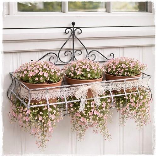 Wandmand metaal,grijs/wit 42 cm. x 17,5 cm. oude look, Tuin en Terras, Bloembakken en Plantenbakken, Nieuw, Metaal, Binnen, Balkon