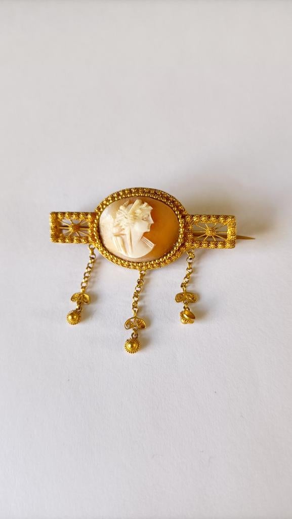 Antieke gouden Camee Broche, 14 krt, Verzenden, Goud, Broche, Met edelsteen