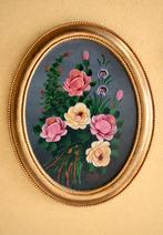 Vintage Olieverf Schilderij Bloemen in Ovale Lijst, Antiek en Kunst, Ophalen of Verzenden