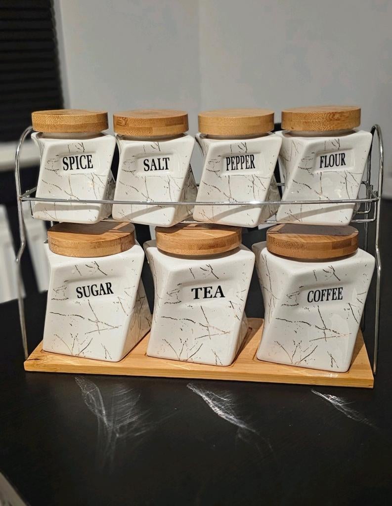 Set van 7 voorraadpotten met houten deksel en rek, Ophalen