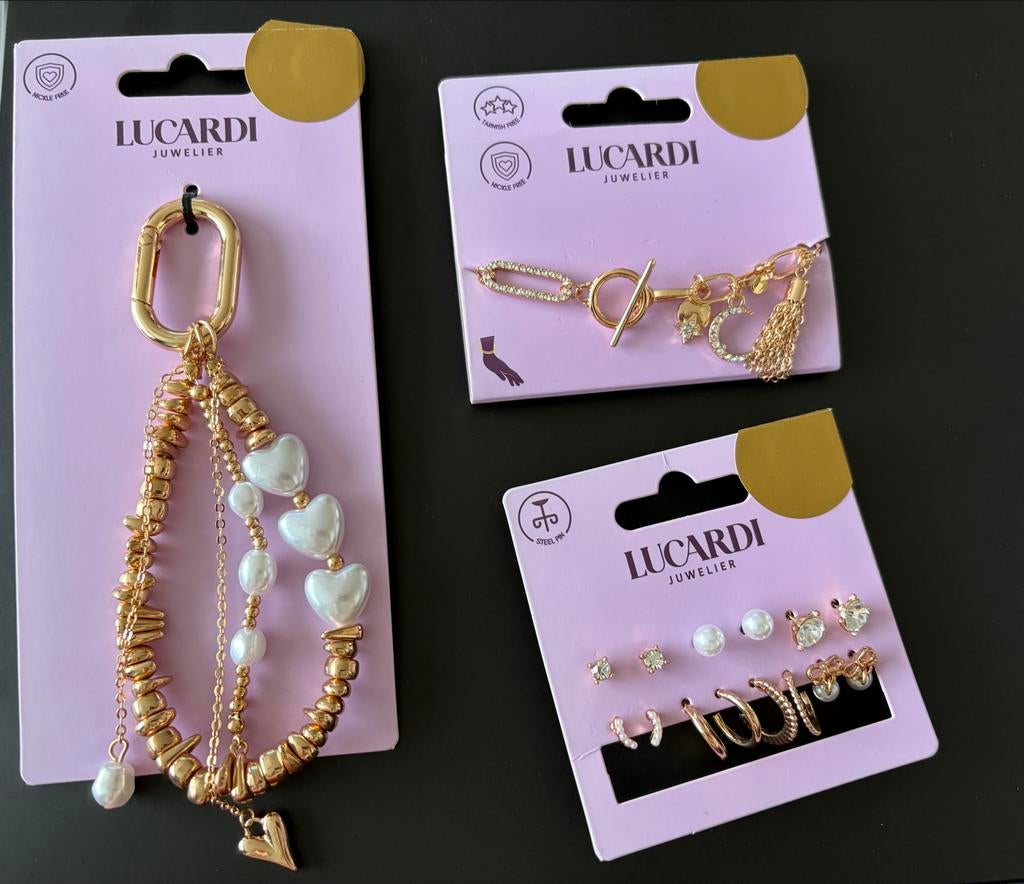 Gouden armband met bedels, oorbellen & sleutelhanger Lucardi, Sieraden, Tassen en Uiterlijk, Armbanden, Overige materialen, Nieuw