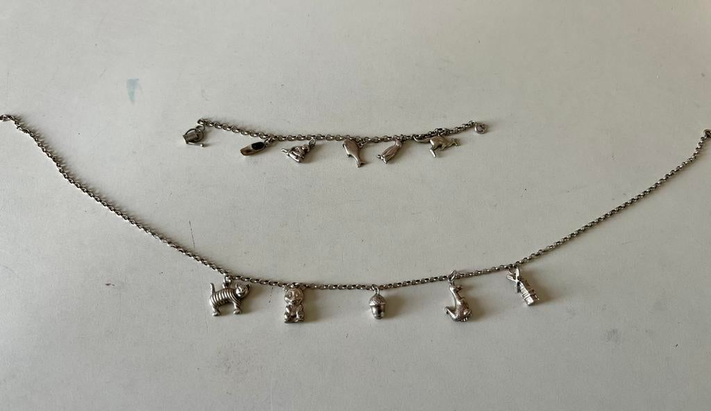 Vintage Zilveren bedelketting en armband, Ophalen of Verzenden, Gebruikt, Zilver