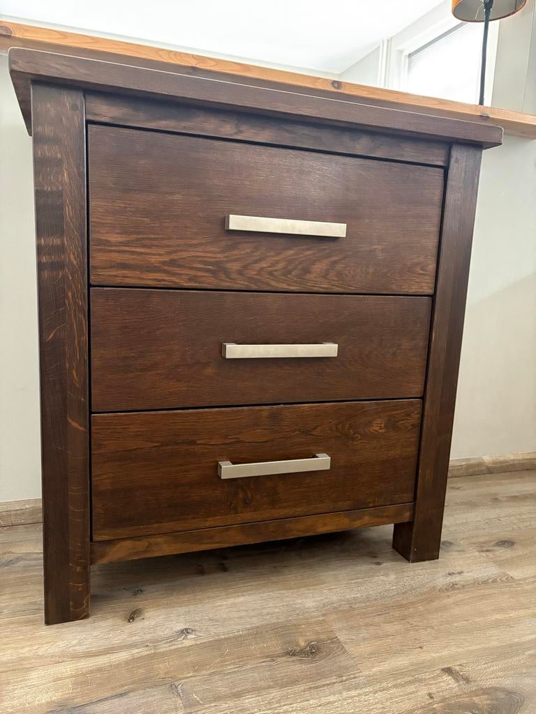 Massief houten commode met 3 lades, Ophalen, Gebruikt, 50 tot 70 cm, 75 tot 100 cm