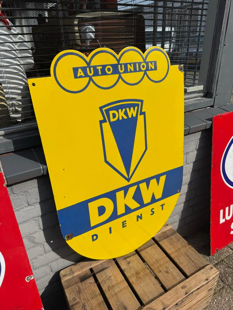 Vintage DKW Auto Union Emaille Reclamebord, Ophalen