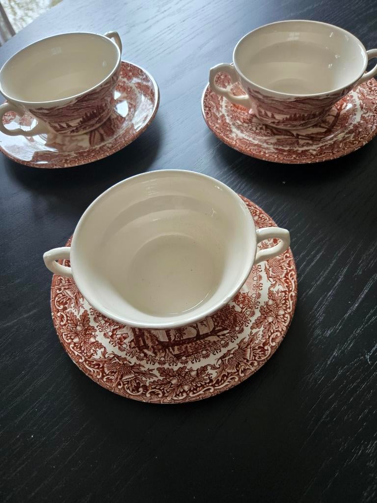 3 x Engelse soepkommen met schotels, Ophalen of Verzenden