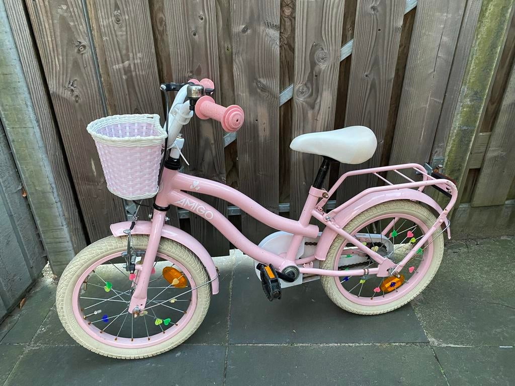 Roze Amigo kinderfiets 16 inch met mandje, Fietsen en Brommers, Fietsen | Kinderfietsjes, Ophalen, Gebruikt, Terugtraprem, 16 tot 20 inch
