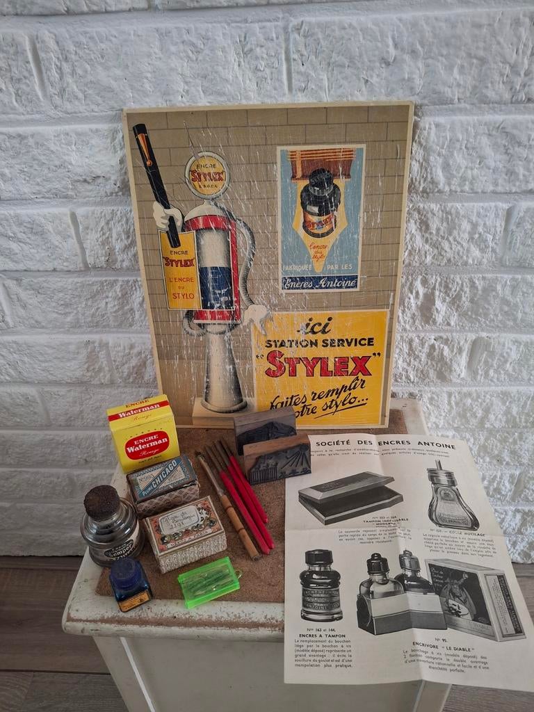 Antieke schrijfset, kroontjes, inkt, pennen, reclame, Ophalen of Verzenden