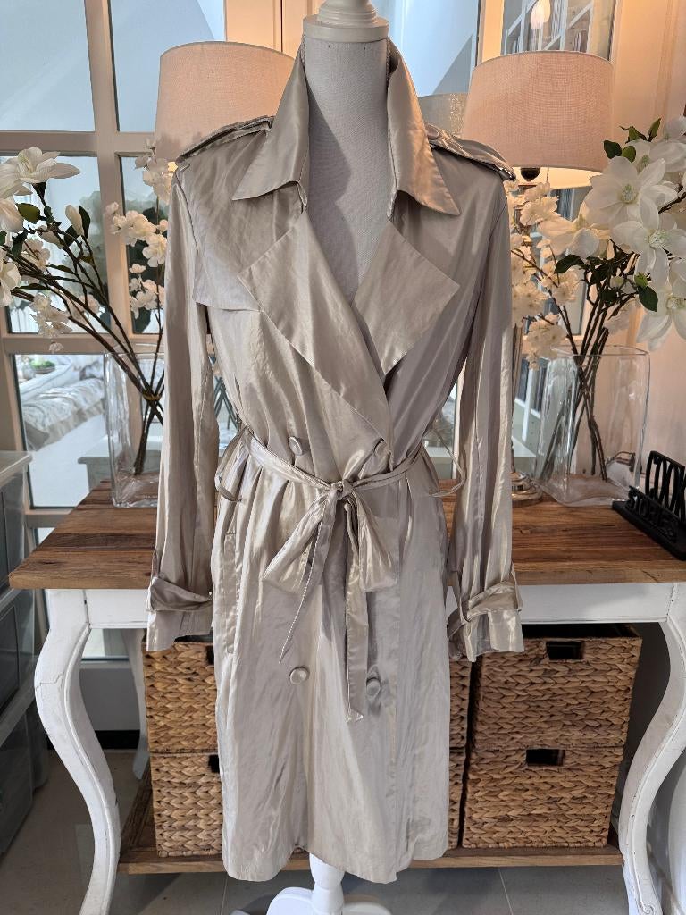 Chique, dunne, Zilverkleurige trenchcoat Michel Klein, 36-38, Kleding | Dames, Jassen | Winter, Ophalen of Verzenden, Zo goed als nieuw
