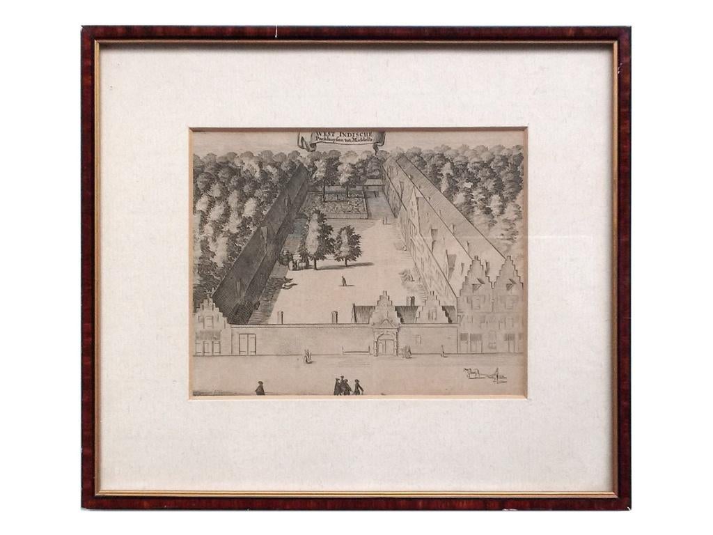 gravure West-Indische Pakhuizen te Middelburg, Antiek en Kunst, Ingelijst, Stadsgezicht, Gravure, 1600 - 1699