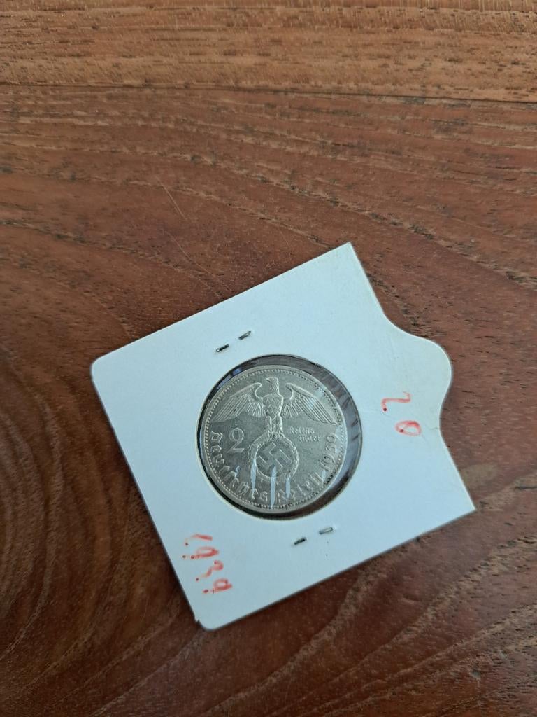 Zeldzame Duitse 2 Reichsmark Hindenburg munt 1937-1939, Ophalen of Verzenden, Overige waardes, Losse munt