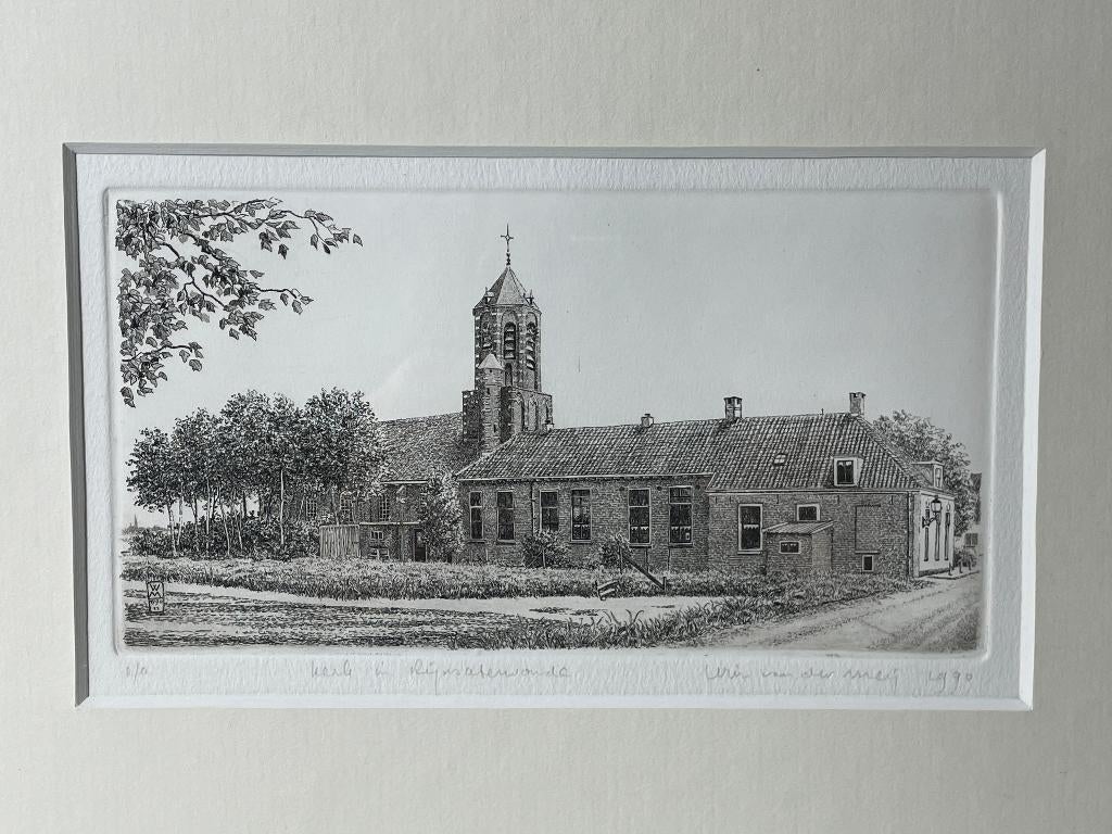Rijnsaterwoude - ets van kerk - Wim van der Meij 1 expl., Ingelijst, Stadsgezicht, Ophalen of Verzenden, 1950 - 1999