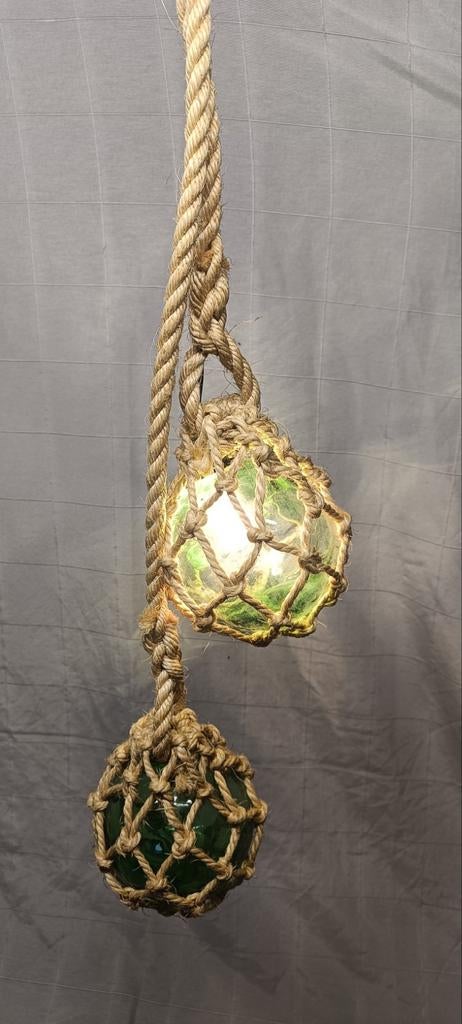Vintage Visnet Drijver Lamp - Groen Glas & Touw - 78cm, Ophalen of Verzenden