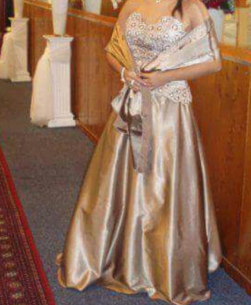 Goud bruin beige galajurk baljurk jurk jurken 36 tas sjaal, Kleding | Dames, Gelegenheidskleding, Galajurk, Verzenden, Beige, Maat 36 (S)