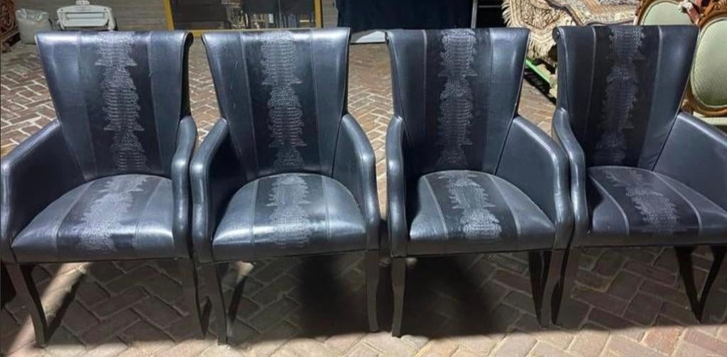 4 leren stoelen samen, Huis en Inrichting, Stoelen, Ophalen, Gebruikt, Zwart, Twee