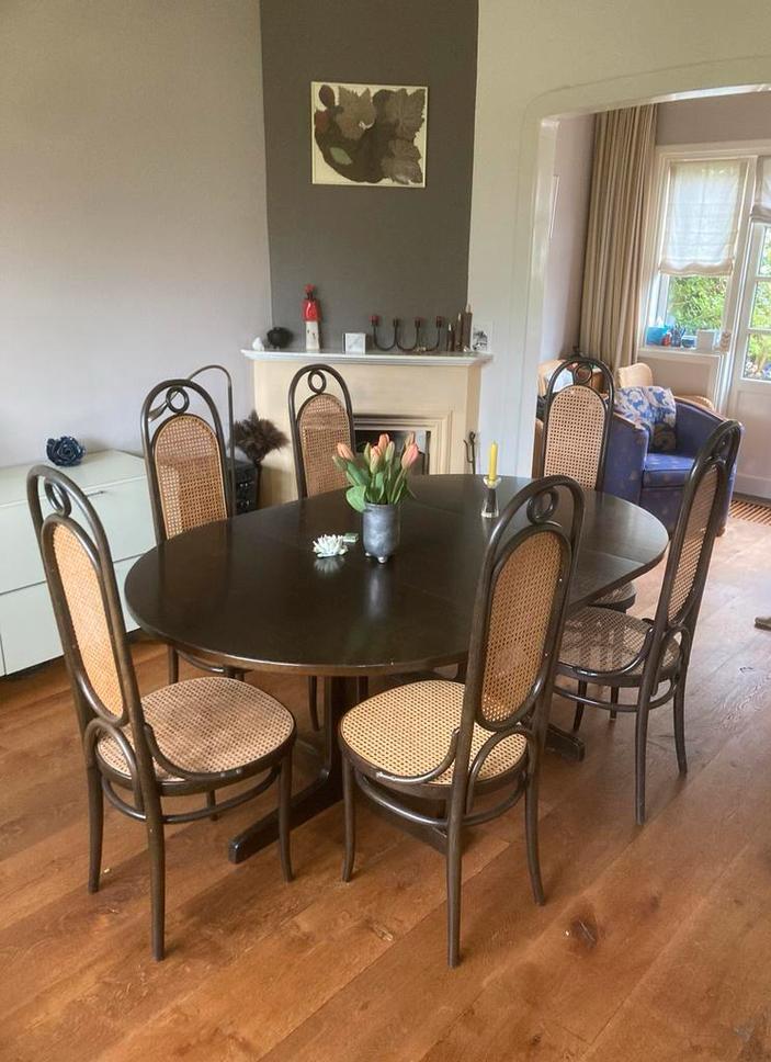 Thonet Eetkamerset: Tafel, 6 Stoelen & 2 Krukjes, Ophalen, Gebruikt, Vintage