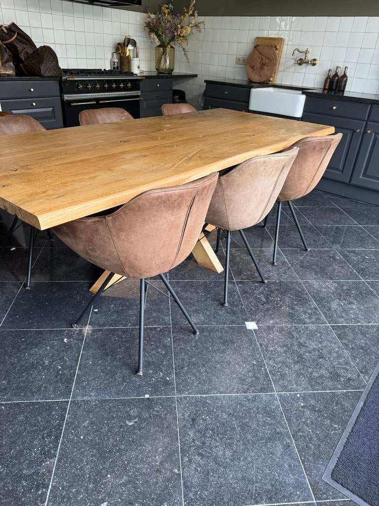 Eikenhouten 230x100cm tafel met 6 leren kuip stoelen, Ophalen, Gebruikt, 100 tot 150 cm, Eikenhout