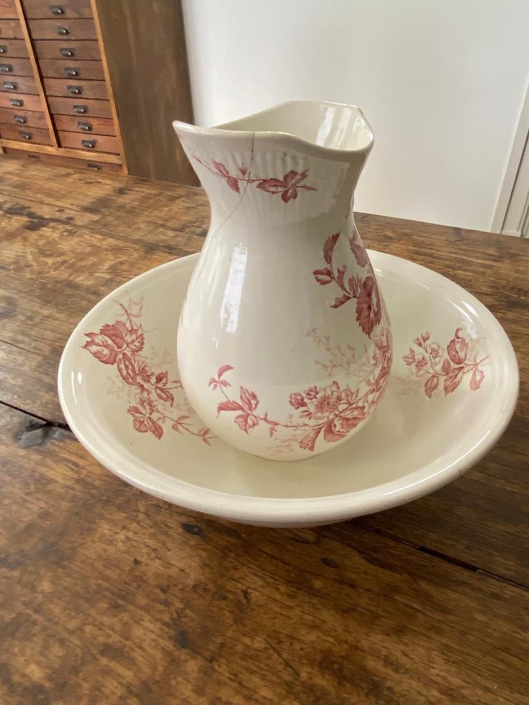 Brocante, romantische lampetset - gebloemd kan en kom, Antiek en Kunst, Curiosa en Brocante, Ophalen of Verzenden
