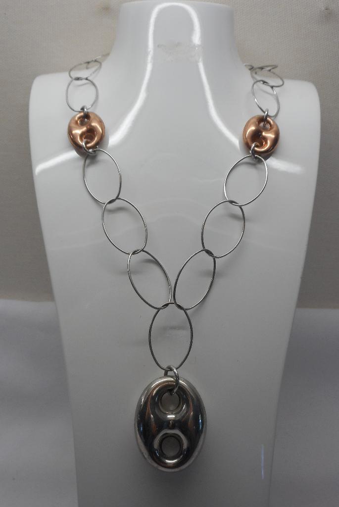 Zilveren bicolor ketting met grote schakels en hanger nr.094, Sieraden, Tassen en Uiterlijk, Kettingen, Zo goed als nieuw, Zilver