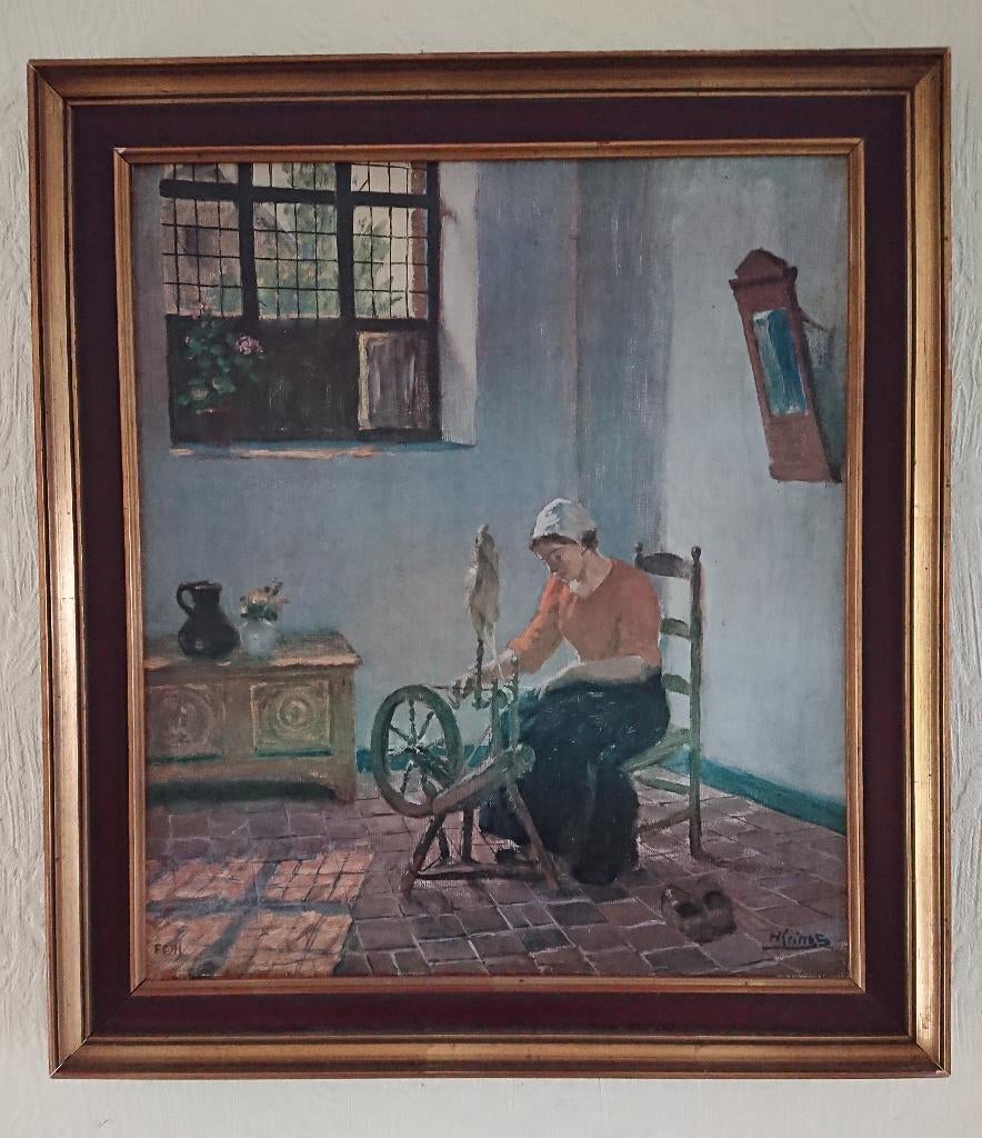Beeld - Hugo Krings - Spinnerin - Houten lijst 57x51 cm, Antiek en Kunst, Kunst | Schilderijen | Klassiek, Ophalen of Verzenden