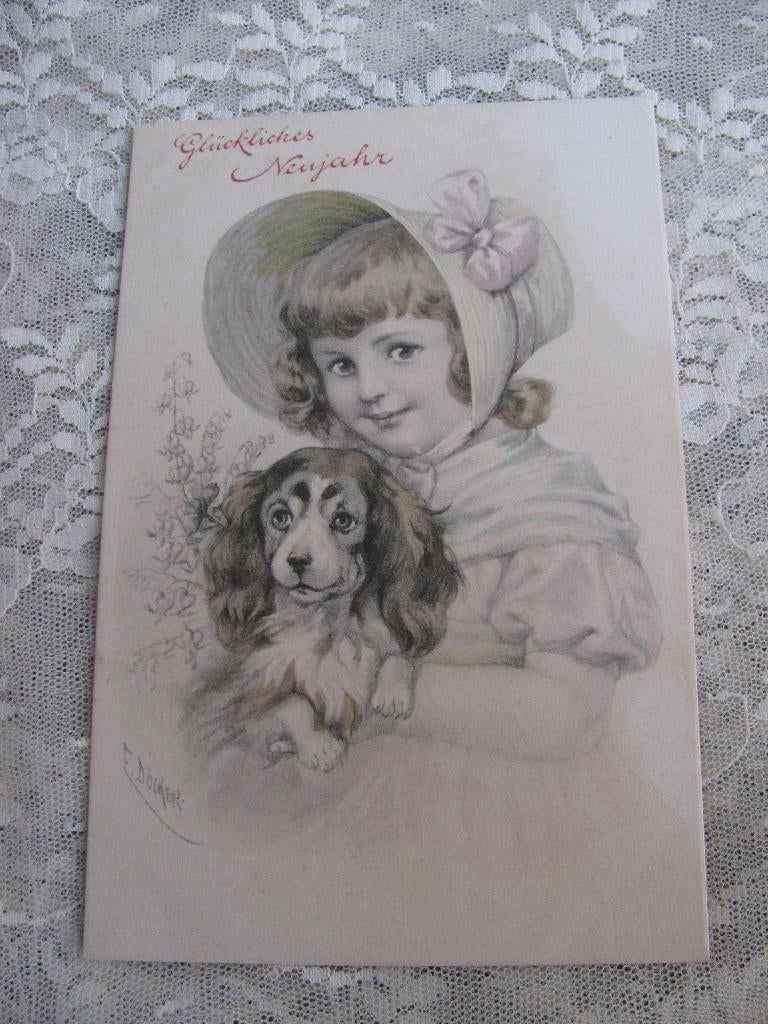 Antieke Gesigneerde Kaart - Meisje met Bonnet / Hond, Verzenden, Voor 1920, Ongelopen, Kinderen