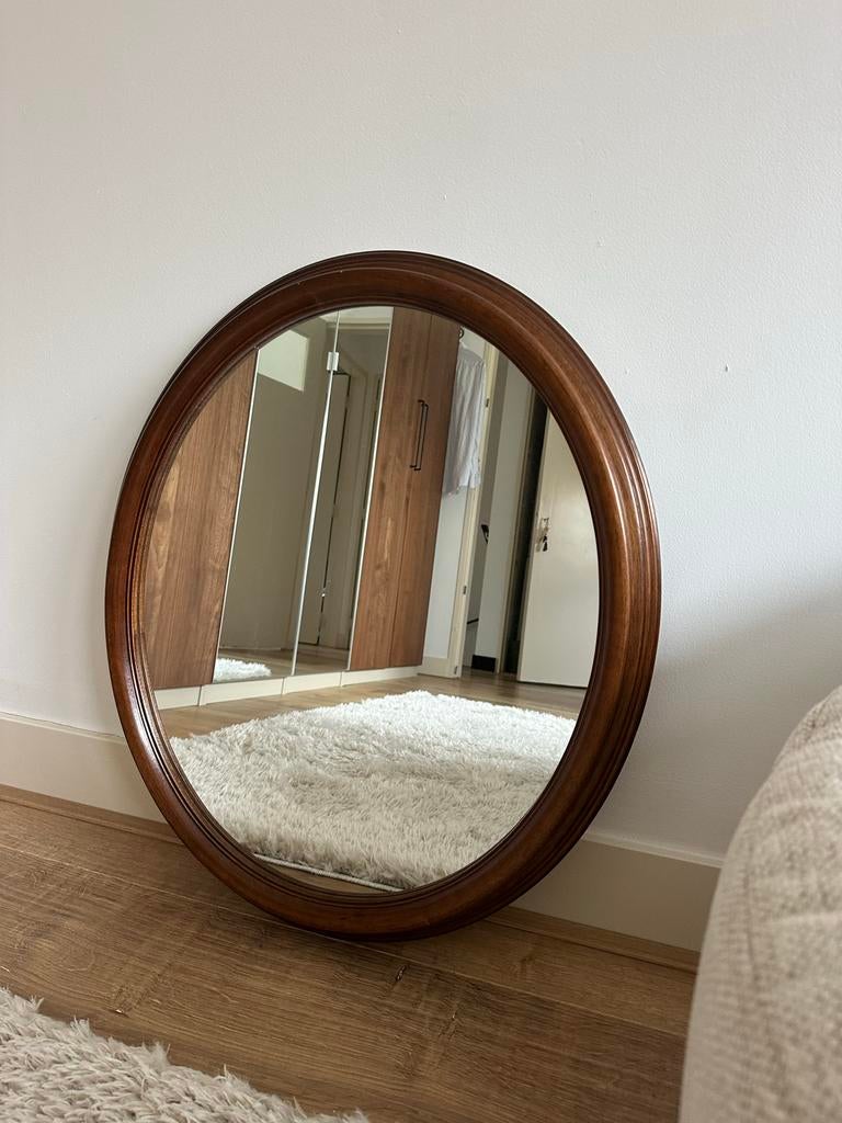 Ovale spiegel met houten lijst, Gebruikt, Ophalen of Verzenden, Minder dan 100 cm, Ovaal