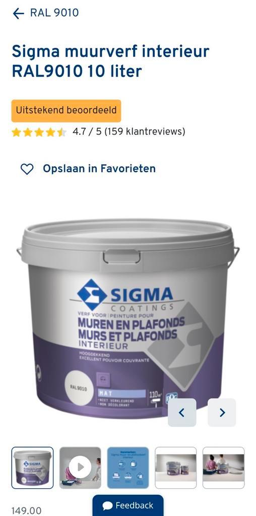 SIGMA Muurverf 10lt RAL 9010, Doe-het-zelf en Verbouw, Verf, Beits en Lak, Nieuw, Wit, Ophalen of Verzenden