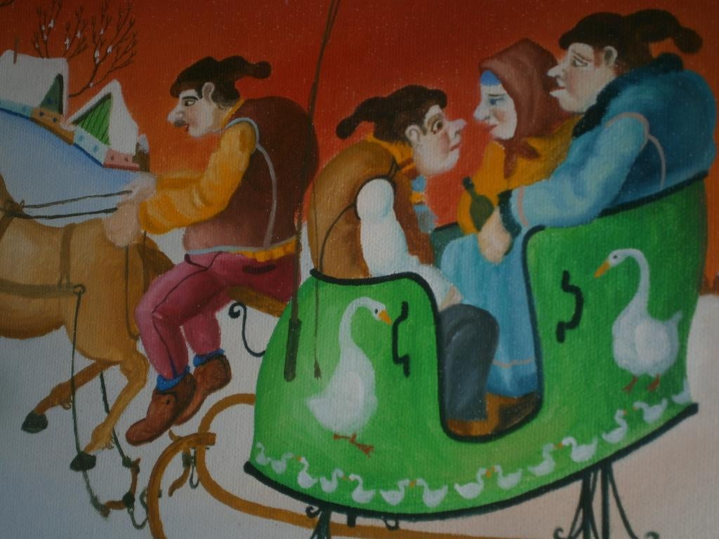 Juraj Bires: Reizigers op een winteravond, naïeve kunst, Ophalen of Verzenden