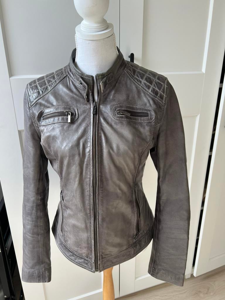 Vintage Grijs leren biker jack, carlo sacchi, 36, Ophalen of Verzenden, Zo goed als nieuw, Maat 36 (S), Grijs