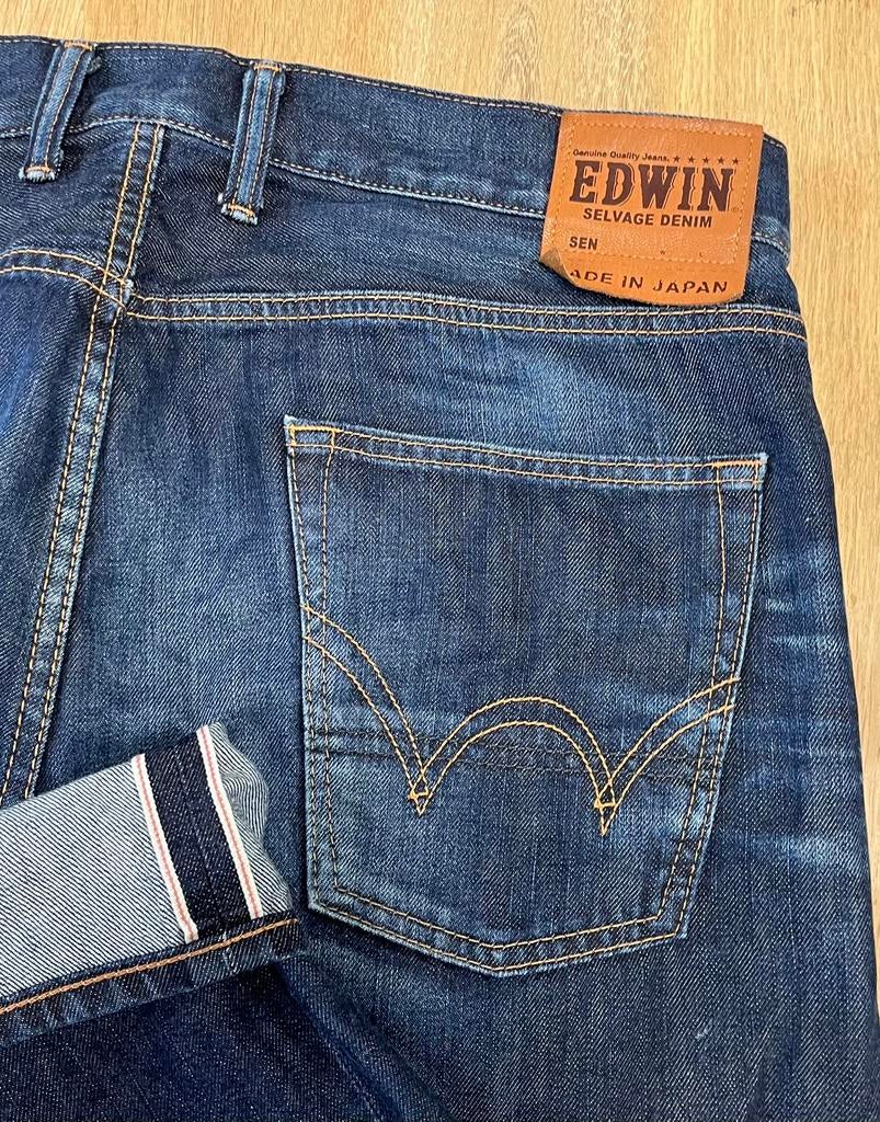 Edwin straight selvedge spijkerbroek blauw - Maat W34 L34, Ophalen of Verzenden, Zo goed als nieuw, Blauw, W33 - W34 (confectie 48/50)