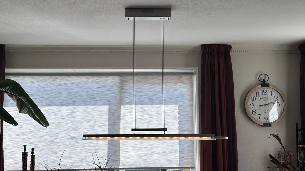 Halogeen hanglamp, Huis en Inrichting, Lampen | Hanglampen, Ophalen, Gebruikt, Glas, 75 cm of meer