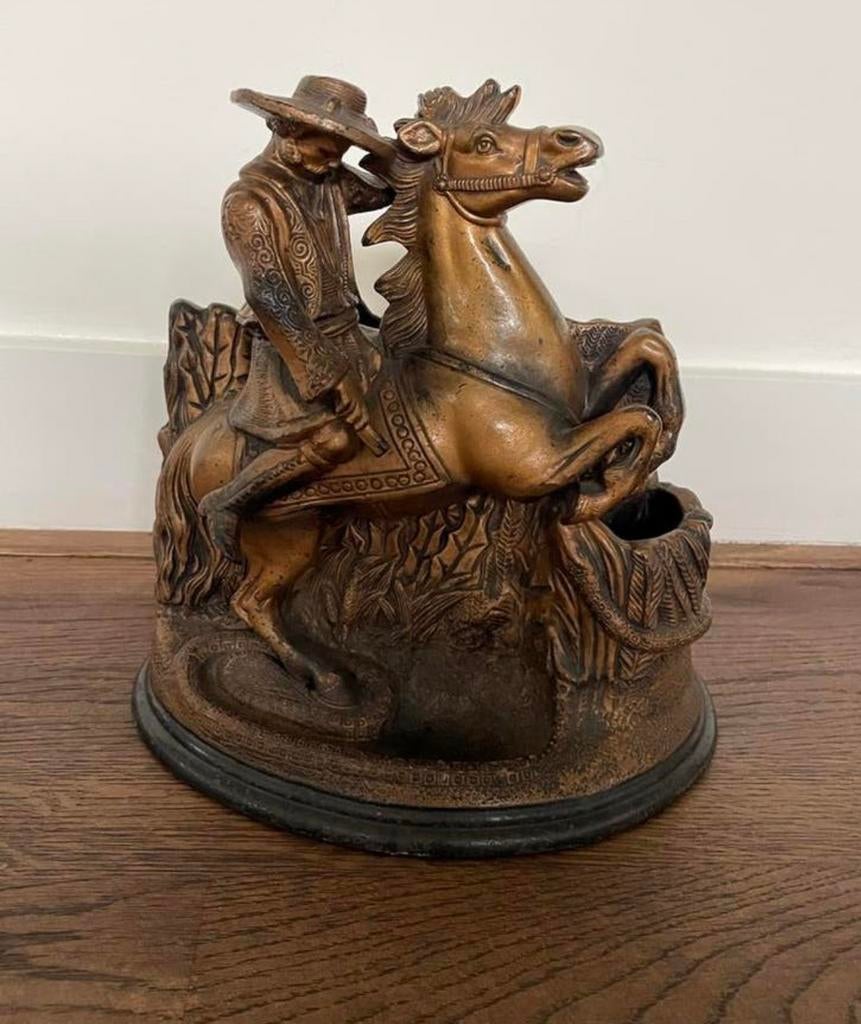 Antieke bronzen ruiter op paard, Ophalen of Verzenden