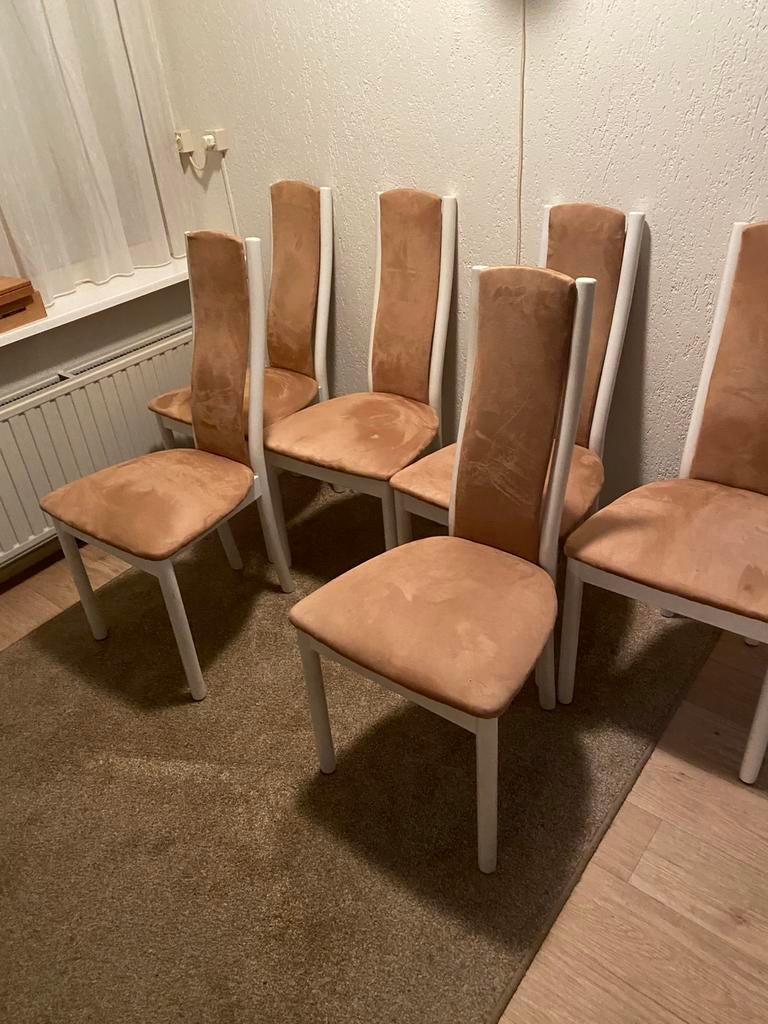 6 alcantara eetkamerstoelen, Huis en Inrichting, Stoelen, Ophalen, Gebruikt, Bruin, Eetkamerstoel met hoge rugleuning