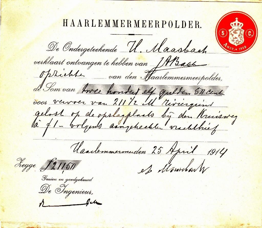 HAARLEMMERMEER   met Stempel   25 APRIL 1914, Ophalen of Verzenden, Euro's