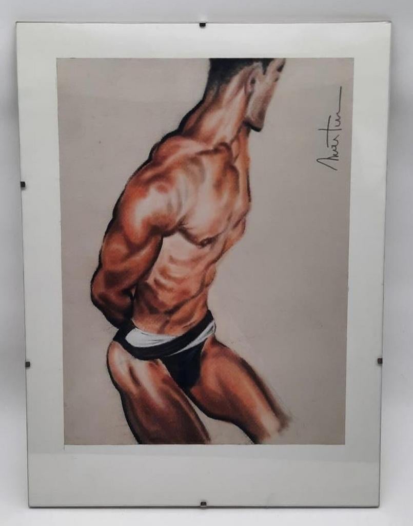 Originele potlood of krijt tekening gespierde man GESIGNEERD, Antiek en Kunst, Kunst | Tekeningen en Foto's, Ophalen of Verzenden