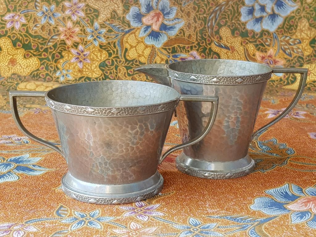 Mooi antiek Argent pewter suiker en roomstel uit Engeland., Ophalen of Verzenden