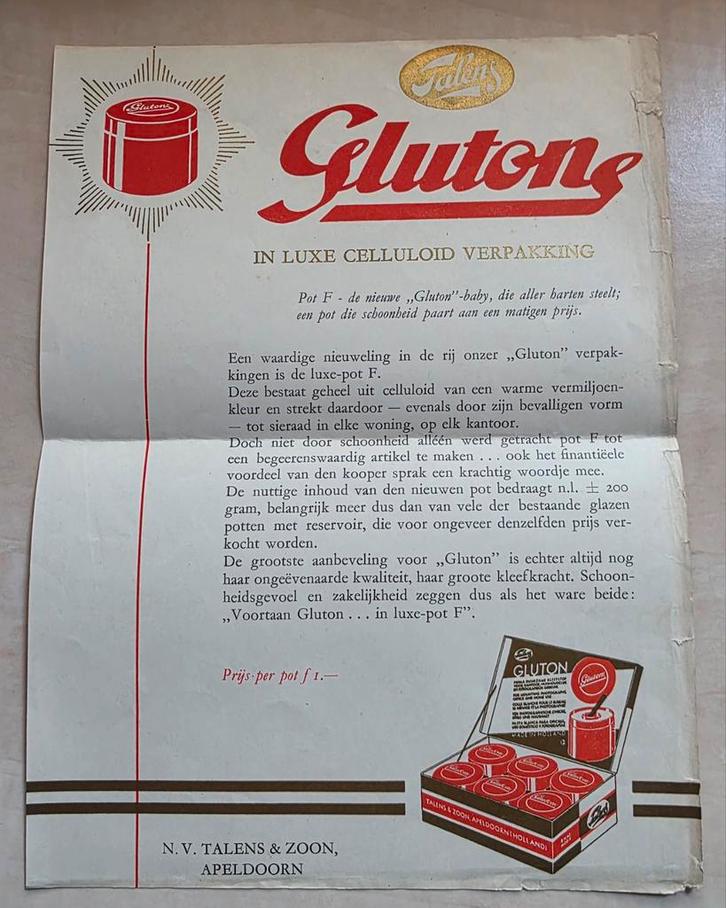 062) ORIGINELE RECLAME TALENS APELDOORN GLUTON, Verzamelen, Merken en Reclamevoorwerpen, Gebruikt, Overige typen, Ophalen of Verzenden