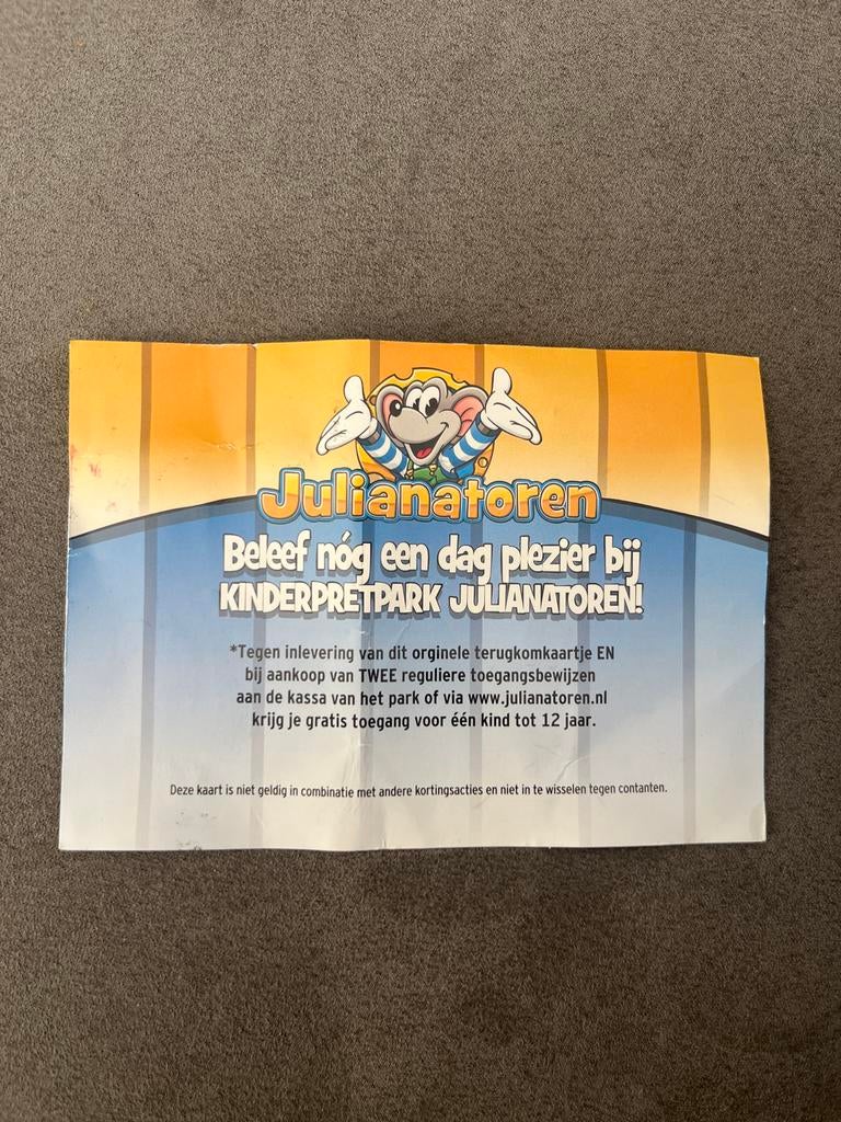 Terugkomkaart Julianatoren, Tickets en Kaartjes, Recreatie | Pretparken en Attractieparken, Eén persoon, Kortingskaart